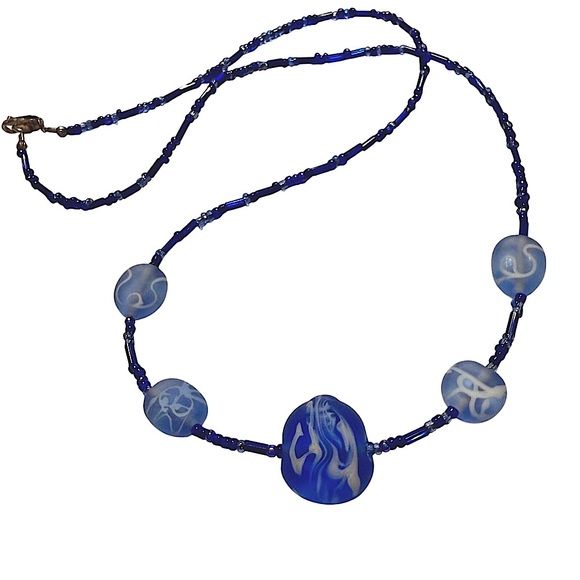 Painted Blue Sea Glass Hand Crafted Beaded Necklace - Picture 8 of 8